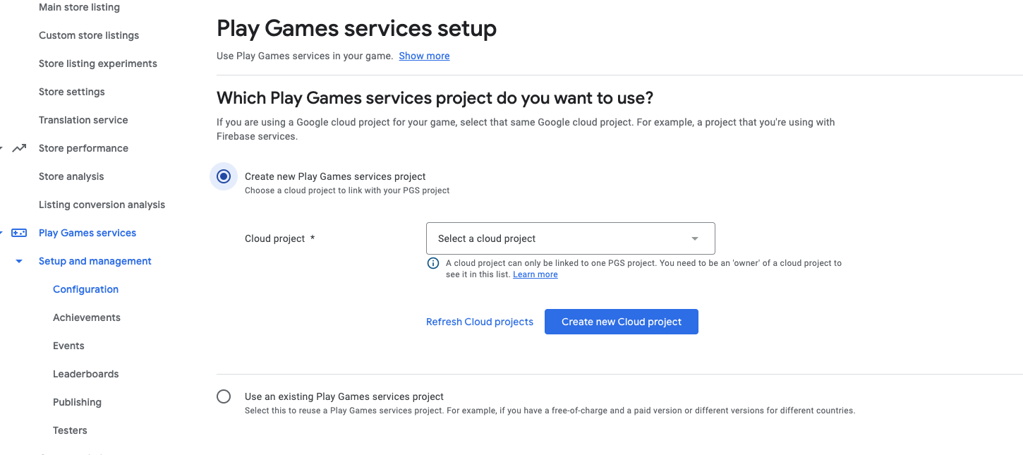 Google play games services configuration screen