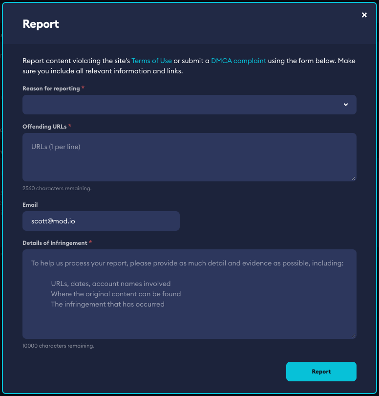 Content reporting interface available via the web UI