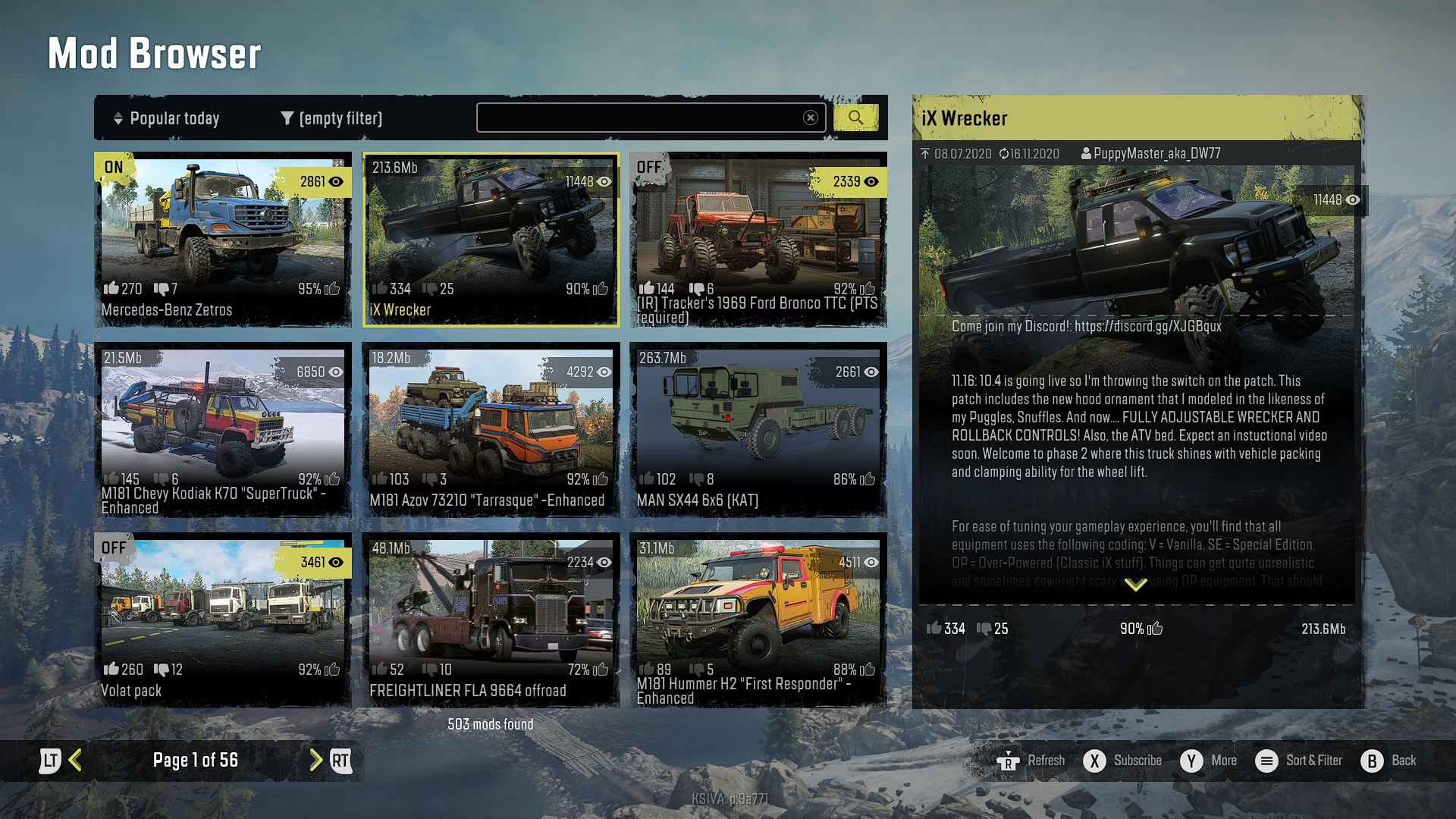 SnowRunner in-game mod browser on Xbox