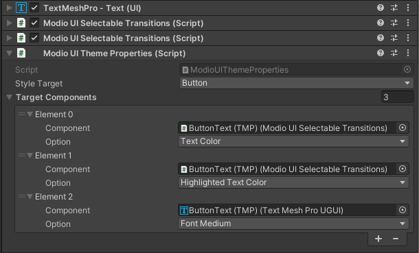 Modio UI Theme Properties with multiple components set to options