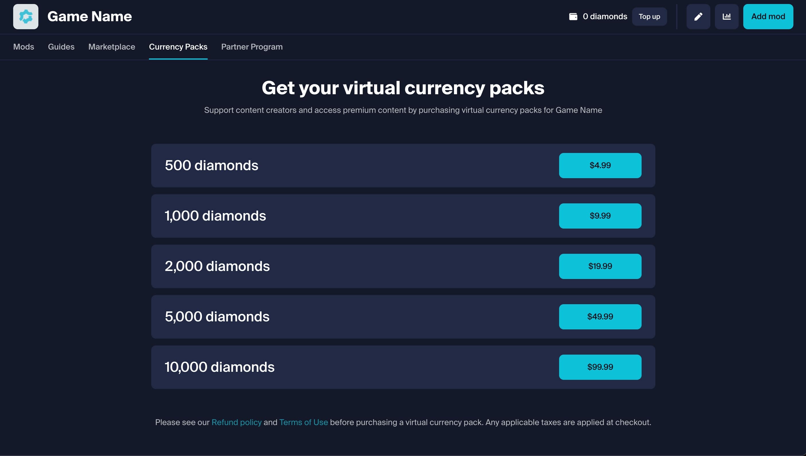 Virtual Currency Pack Listing Page